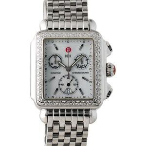 Michele Women's Silver Diamond-Accented Chronograph Watch with White Dial